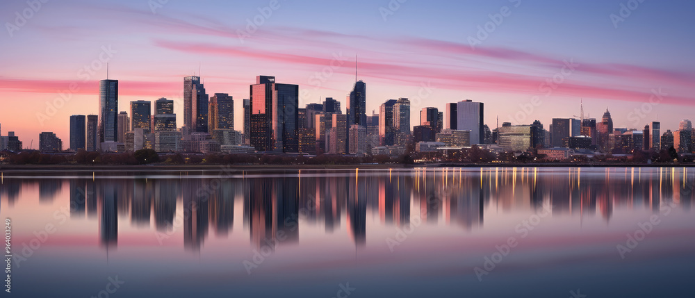 Obraz premium Serene City Skyline at Sunset with Reflections