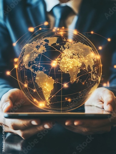 A man is holding a tablet with a globe on it. Concept of wonder and curiosity about the world