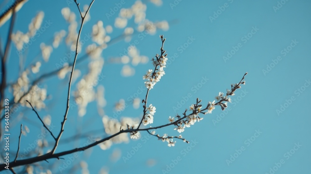 A tree branch with white flowers is in front of a blue sky. The sky is clear and bright, and the flowers are in full bloom. Concept of freshness and new beginnings A tree branch with white flowers is in front of a blue sky. The sky is clear and bright, and the flowers are in full bloom. Concept of freshness and new beginnings