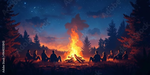 AId. . Evening camping party bonfire camp fire. Adventure vacation team bulidng party friends vibe. Graphic Art Illustration, Generative AI photo