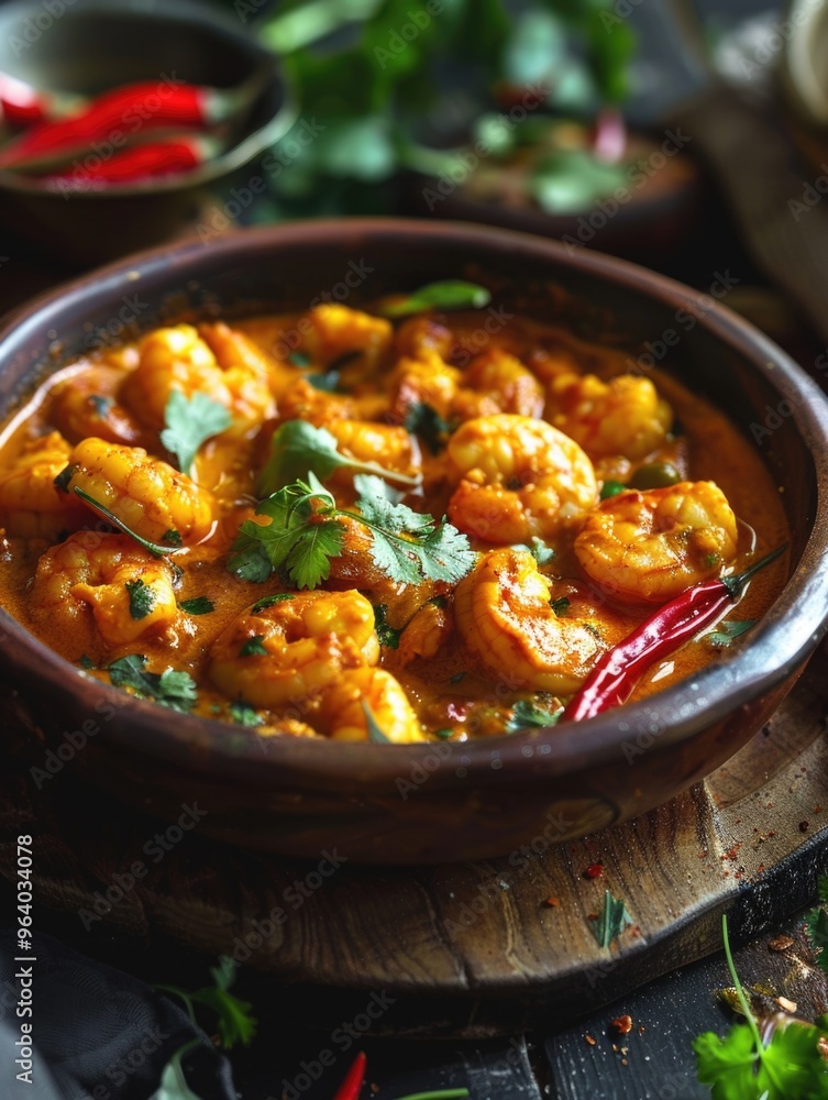 A bowl of shrimp curry with a lot of spices and herbs. The dish is served on a wooden table A bowl of shrimp curry with a lot of spices and herbs. The dish is served on a wooden table
