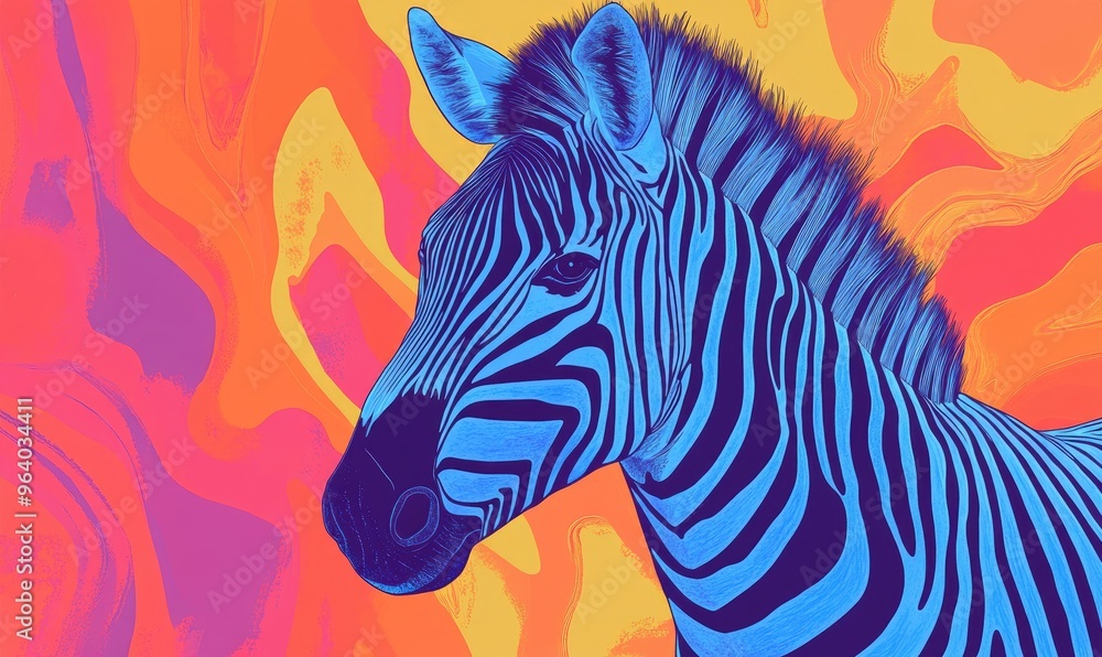 Line art illustration featuring a blue zebra against a vibrant background Line art illustration featuring a blue zebra against a vibrant background