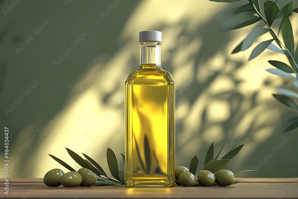Organic olive oil bottle, with fresh olives and leaves, 3D illustration, Organic olive oil bottle, with fresh olives and leaves, 3D illustration,