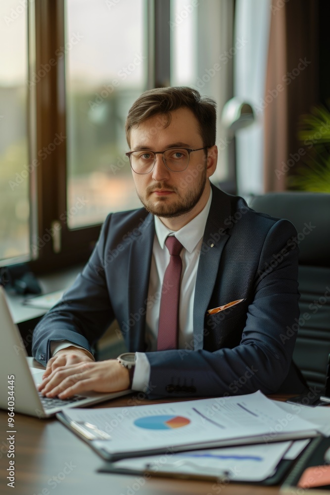 A man in a suit and tie sits at a desk with a laptop and papers in front of him. He is focused on his work, possibly preparing for a meeting or presentation A man in a suit and tie sits at a desk with a laptop and papers in front of him. He is focused on his work, possibly preparing for a meeting or presentation