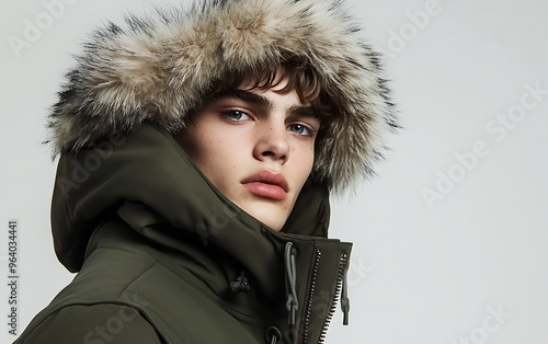 Stylish Male Model in Green Parka with Fur-Lined Hood Posing in Cinematic Lighting - Editorial Fashion Shot