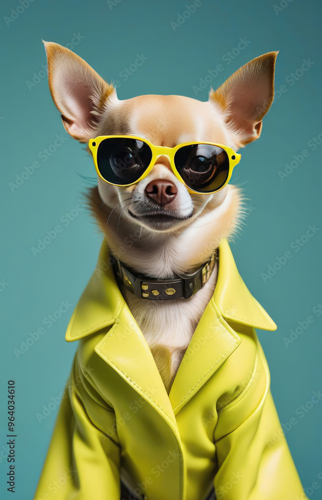 Fototapeta premium Portrait of chihuahua dog dressed in sunglasses and yellow coat, ideal for creative or humorous content.