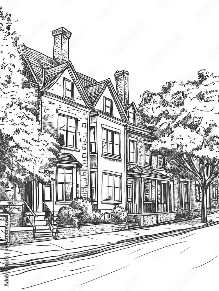 Black and white line art illustration of a street scene featuring heritage architecture Black and white line art illustration of a street scene featuring heritage architecture