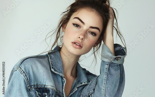 Stylish Female Model in Levi's Style Denim Jacket - Editorial Fashion Shoot with Cinematic Lighting on White Background