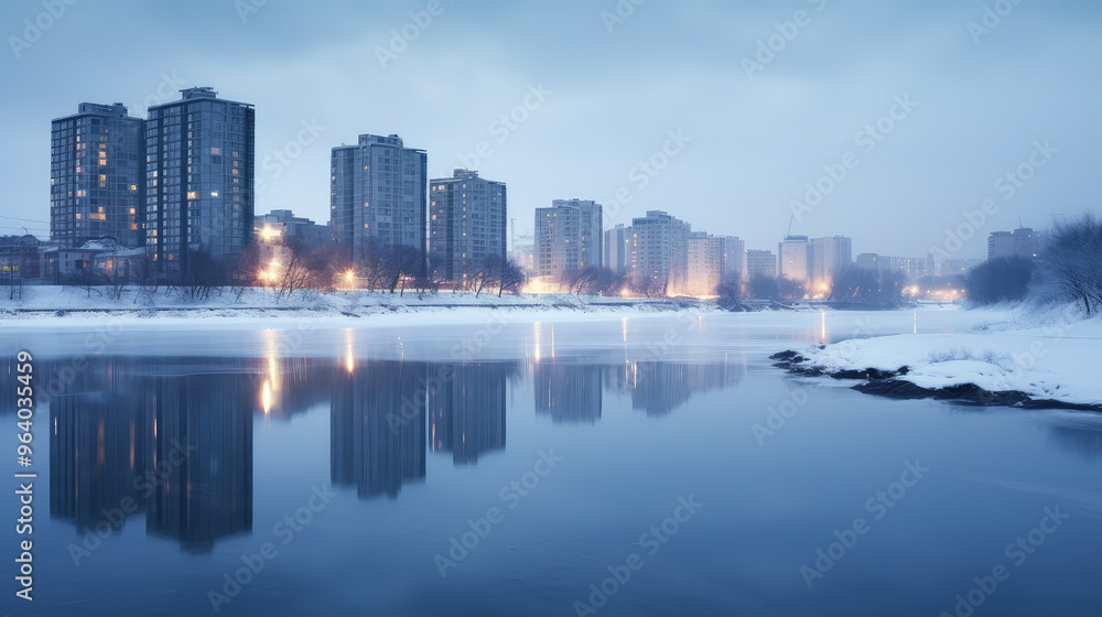 Obraz premium Winter Skyline and Reflection on Calm River