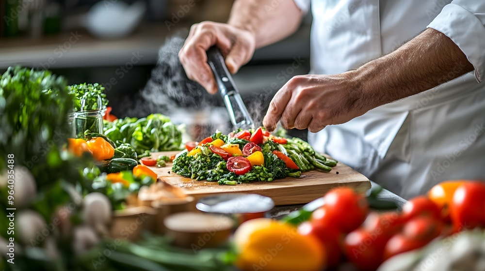 A chef preparing a delicious vegetarian dish in a high-end restaurant kitchen, with a focus on the fresh, vibrant ingredients A chef preparing a delicious vegetarian dish in a high-end restaurant kitchen, with a focus on the fresh, vibrant ingredients
