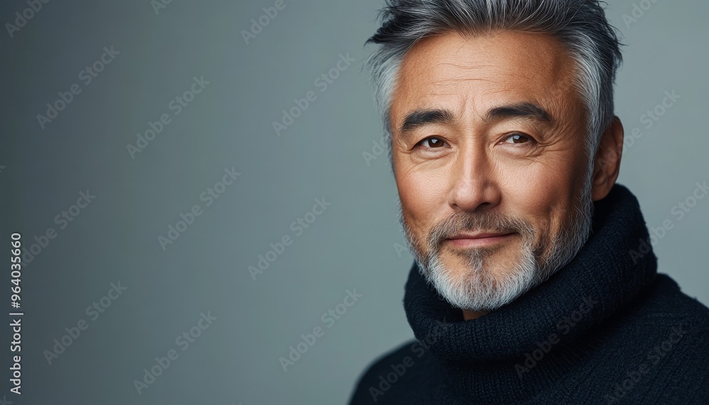 stylish asian senior man wearing sweater on light background with copy space, minimalistic portrait, mature stylish asian senior man wearing sweater on light background with copy space, minimalistic portrait, mature