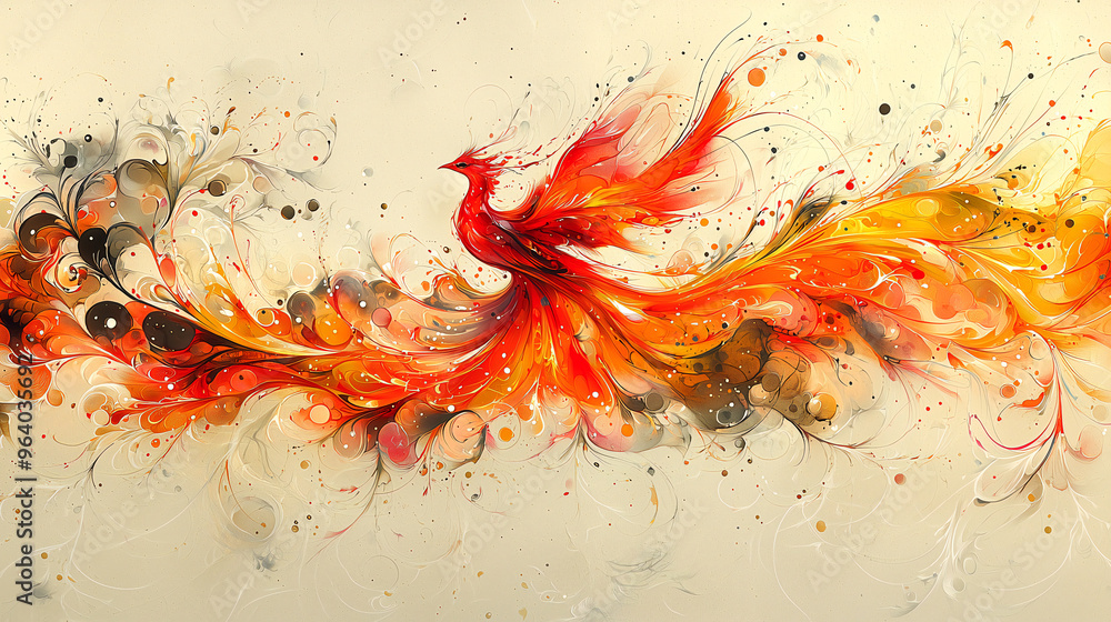 Mythical Phoenix Made of Orange and Red Flames in Watercolor Style with Ink Wash on Off-White Background, Dynamic Movement Mythical Phoenix Made of Orange and Red Flames in Watercolor Style with Ink Wash on Off-White Background, Dynamic Movement