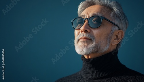 stylish asian senior man in sunglasses with grey hair and beard wearing in black sweater on dark blue background