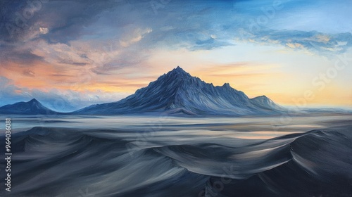 Oil painting depicting a panoramic view of a mountain with a high angle drone perspective over black sand beaches and dunes during sunset