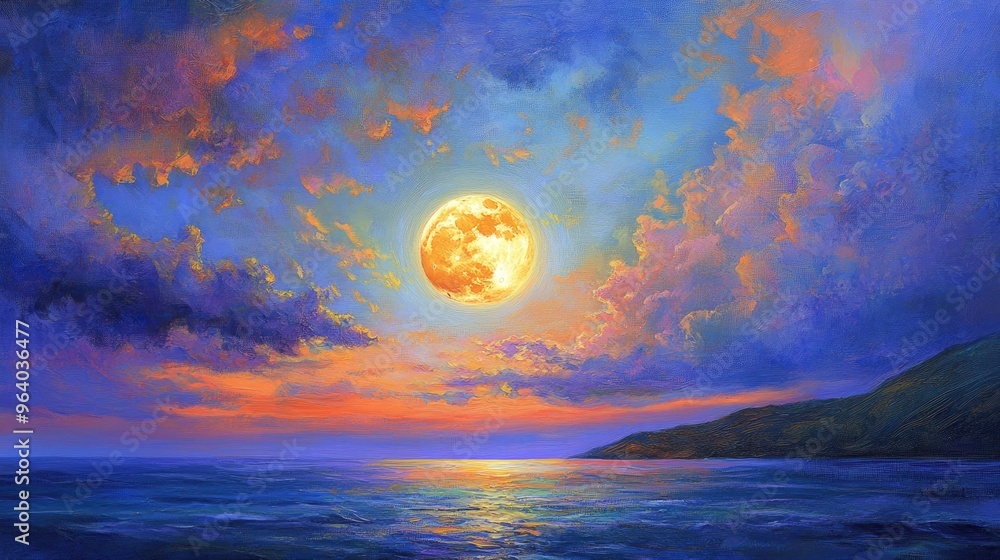 Vibrant oil painting depicting a bright full moon in a colorful evening sky with clouds above a tranquil seascape creating a serene outdoor nighttime atmosphere Vibrant oil painting depicting a bright full moon in a colorful evening sky with clouds above a tranquil seascape creating a serene outdoor nighttime atmosphere