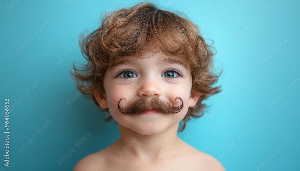 closeup funny little blond boy with mustache on blue background closeup funny little blond boy with mustache on blue background