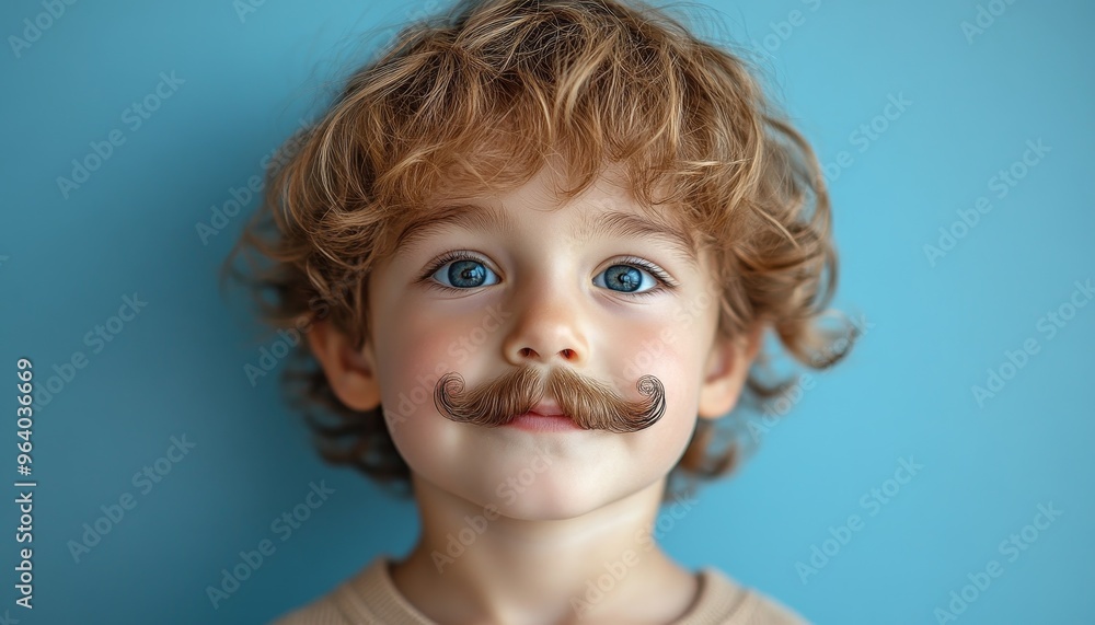 funny little blond boy with mustache on blue background, humor, portrait, closeup funny little blond boy with mustache on blue background, humor, portrait, closeup