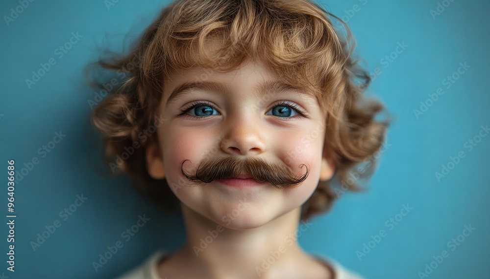 closeup funny little blond boy with mustache on blue background, joke, humor closeup funny little blond boy with mustache on blue background, joke, humor