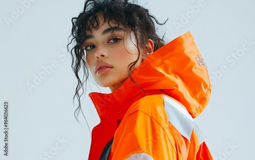 Urban Explorer - Stylish Female Model in The North Face Inspired Orange Windbreaker Editorial Fashion Shoot on White Background