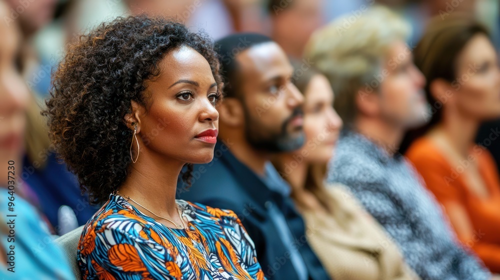 A diverse group of people seated in an auction hall, focused on the auctioneer A diverse group of people seated in an auction hall, focused on the auctioneer