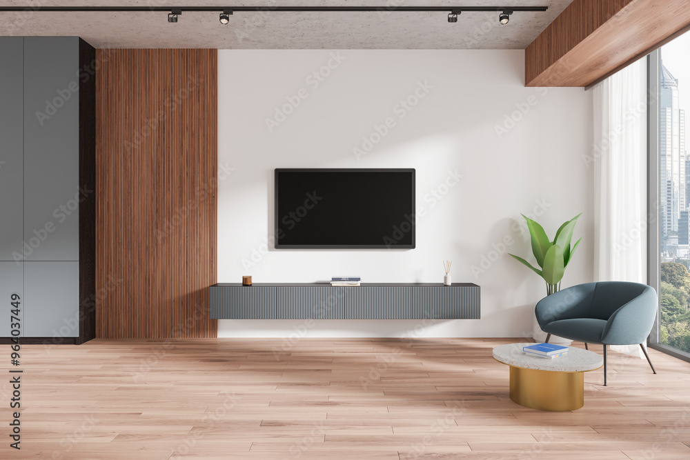 Modern home living room interior with armchair and tv screen, panoramic window Modern home living room interior with armchair and tv screen, panoramic window