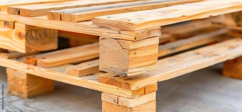 Close up of a wooden pallet, showing the details of its construction. The pallet is made of rough hewn planks and has a rustic appearance. Close up of a wooden pallet, showing the details of its construction. The pallet is made of rough hewn planks and has a rustic appearance.