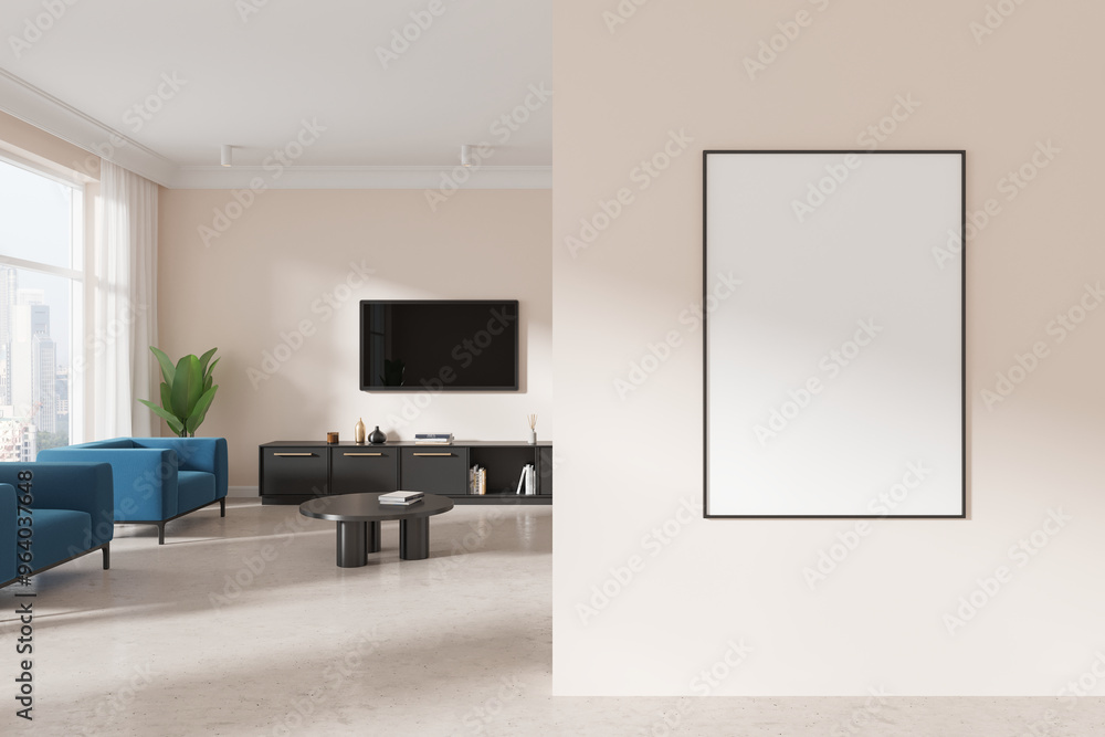 Living room interior armchairs and tv screen, panoramic window. Mockup frame Living room interior armchairs and tv screen, panoramic window. Mockup frame