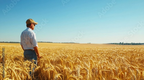 A farmer inspecting a field of golden wheat under a clear blue sky