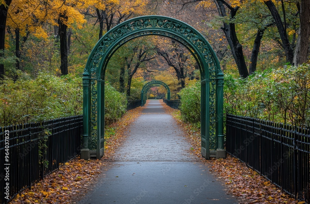 Fototapeta premium iron trellis in the shape of arches, overhanging a path through a park with green plants and trees