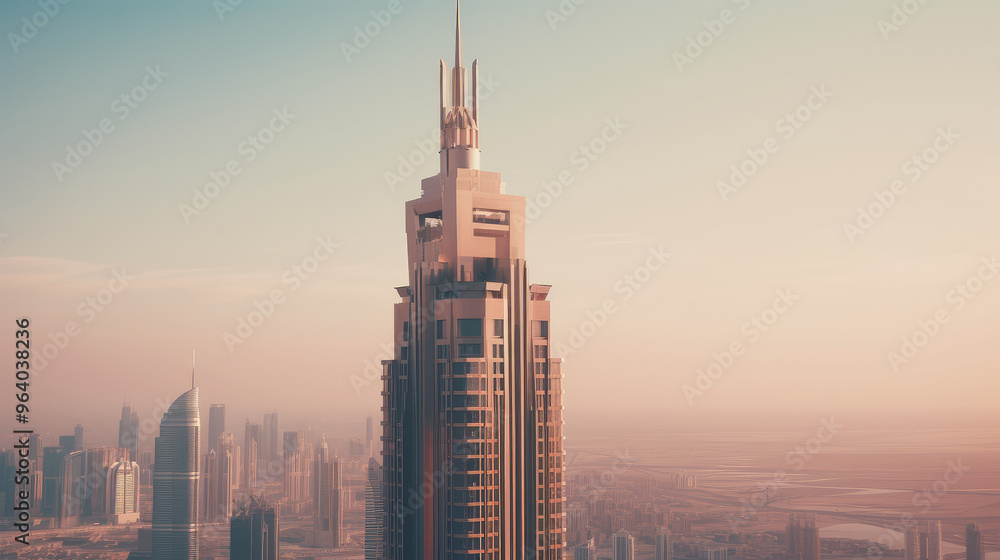 Naklejka premium Stunning Skyscraper at Sunset in Modern Cityscape