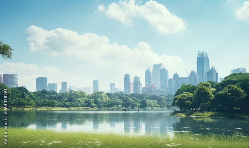 Fototapeta premium Skyline Reflected in Tranquil Park Lake