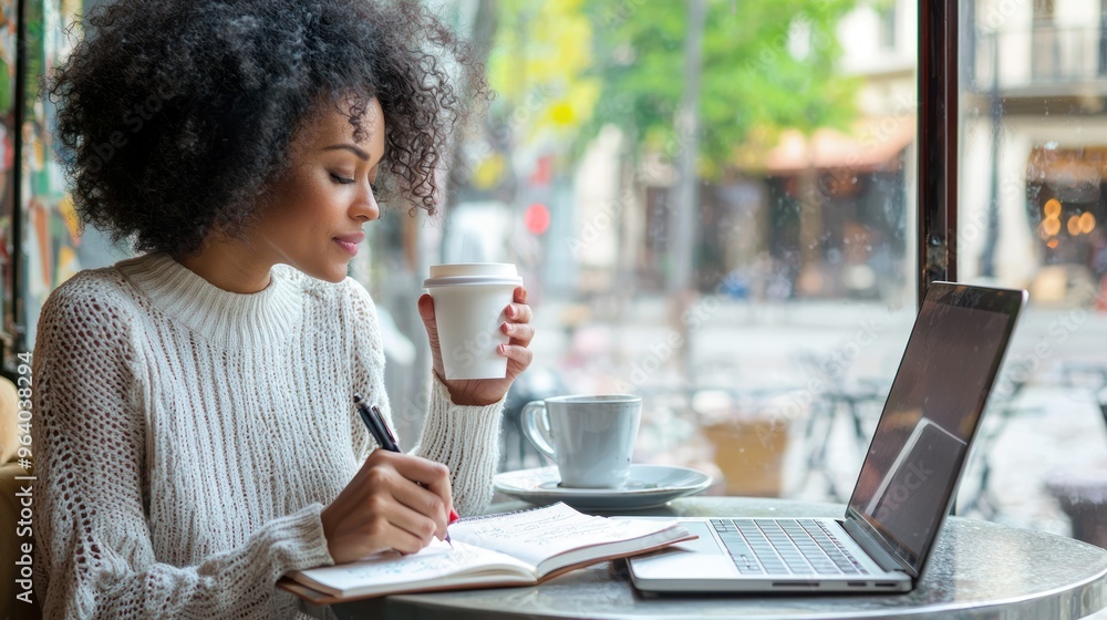 A graceful author enjoying a peaceful moment at a quaint café, sipping coffee and jotting down ideas in a notebook, with a laptop nearby A graceful author enjoying a peaceful moment at a quaint café, sipping coffee and jotting down ideas in a notebook, with a laptop nearby