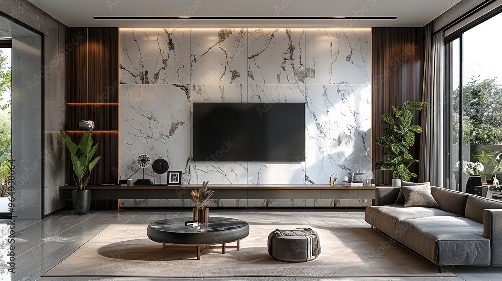 A sophisticated and contemporary TV wall design that features a luxurious marble sheet as the backdrop behind the TV, providing a striking and elegant focal point. sleek. Generative AI. A sophisticated and contemporary TV wall design that features a luxurious marble sheet as the backdrop behind the TV, providing a striking and elegant focal point. sleek. Generative AI.