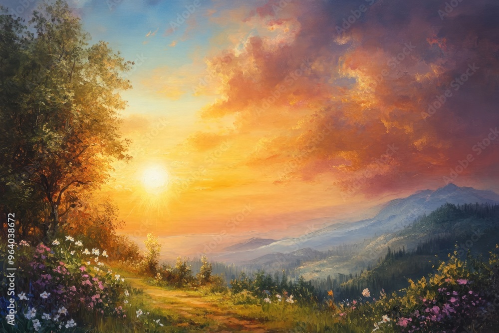 Obraz premium Oil painting depicting a stunning sunset with a picturesque landscape