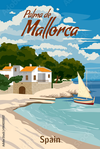 Vintage travel poster Mallorca Spain, tropical resort