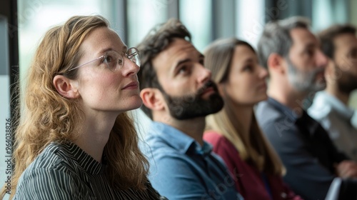 A group of colleagues attentively listening to a charismatic speaker at a professional event, with visible admiration and engagement in their expressions