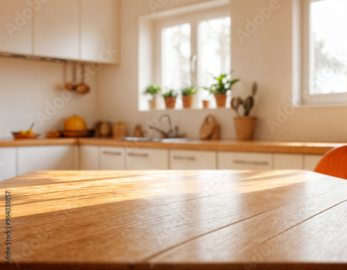 kitchen table background, wood counter top on blur of white clean abstract home interior with bokeh. used for display or montage your wooden for dining background. table banner