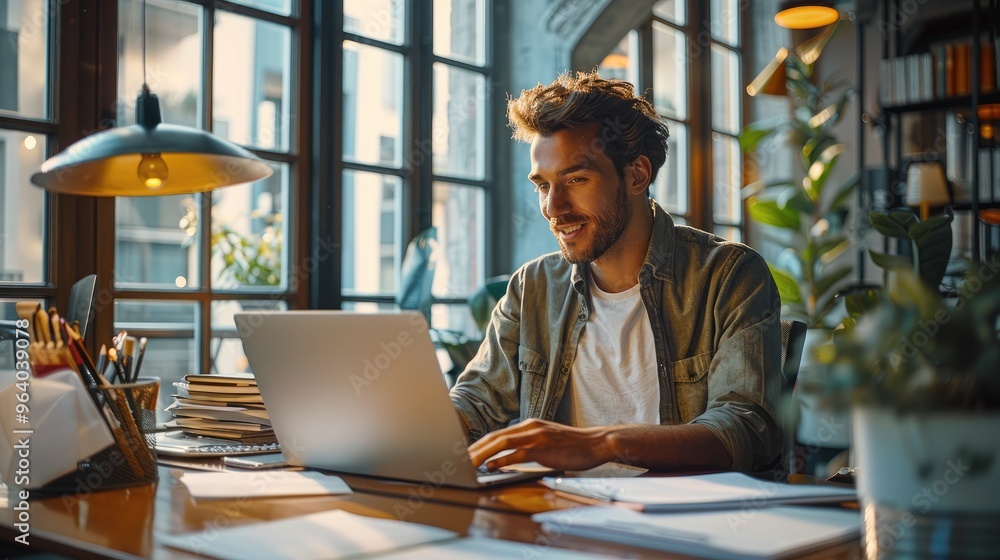 An office with large windows, a professional young man smiles as he sits at his desk, working on his laptop, with a modern desk lamp and some paperwork next to him. Generative AI. An office with large windows, a professional young man smiles as he sits at his desk, working on his laptop, with a modern desk lamp and some paperwork next to him. Generative AI.
