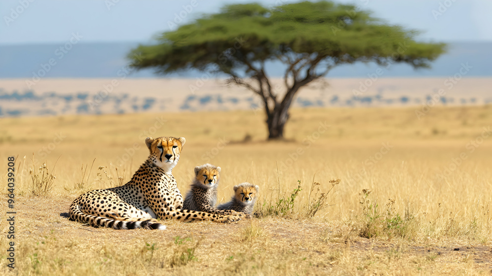 A cheetah resting in the shade with its cubs on the dry African savanna, with distant acacia trees and a wide-open horizon under a bright sun A cheetah resting in the shade with its cubs on the dry African savanna, with distant acacia trees and a wide-open horizon under a bright sun