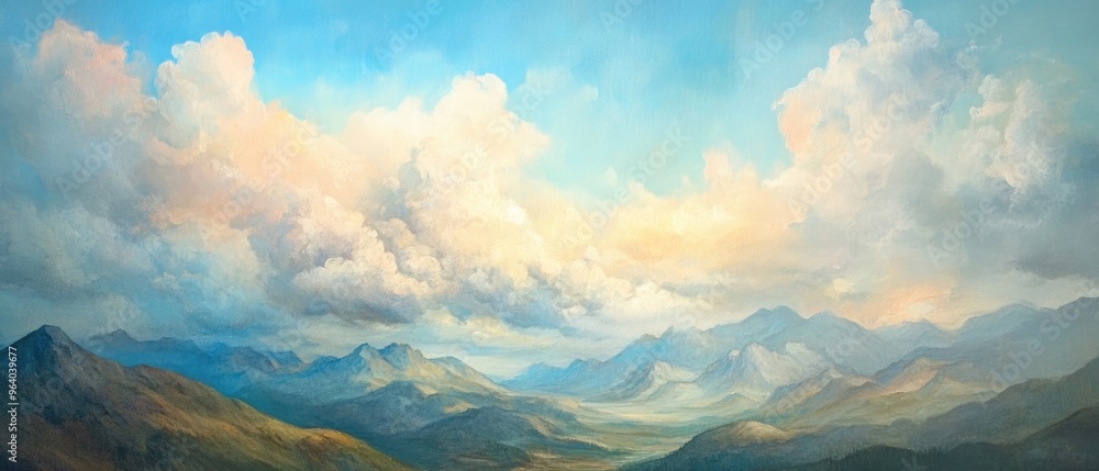 Oil painting depicting a mountainous landscape with cloud formations