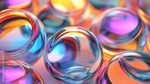 Glass circle shapes with colorful reflections composition. 3d rendering illustration. 