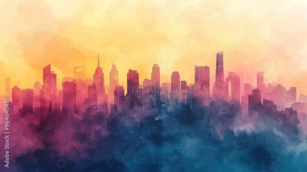 Fototapeta premium Watercolor style city with soft gradients and vibrant buildings.