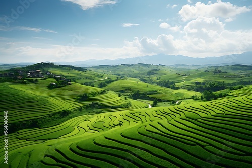 Aerial view of green terraced field with mountain background