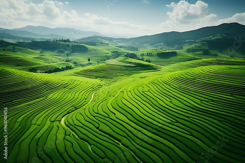 Aerial view of green terraced field with mountain background