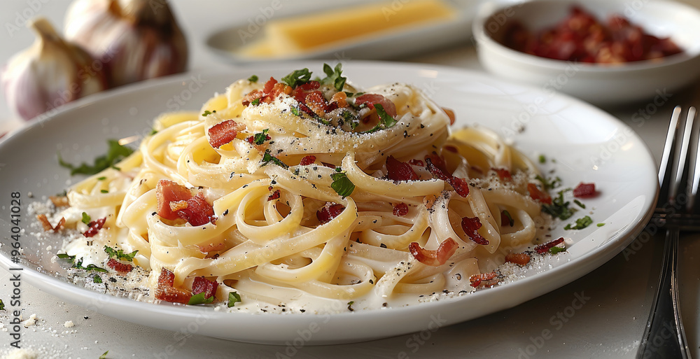 Creamy bacon pasta, bright and clean background. Generative AI. Creamy bacon pasta, bright and clean background. Generative AI.