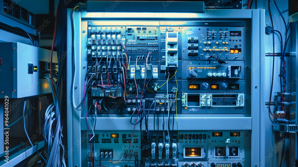 A modern control cabinet reveals an array of wires connecting various electronic devices, illuminated with stunning blue tones, highlighting its intricate design A modern control cabinet reveals an array of wires connecting various electronic devices, illuminated with stunning blue tones, highlighting its intricate design