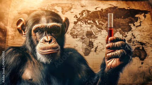 A big monkey displays a test tube containing red liquid, standing against a dark-toned world map, highlighting the seriousness of the epidemic photo