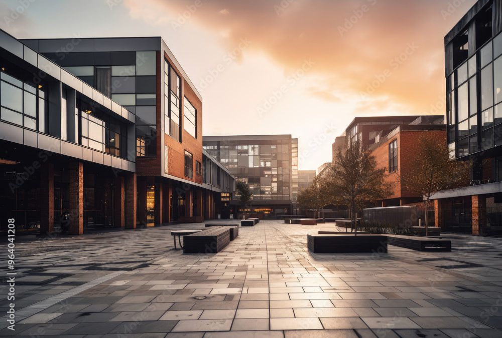 Modern Urban Plaza at Sunset with Warm Glow Modern Urban Plaza at Sunset with Warm Glow