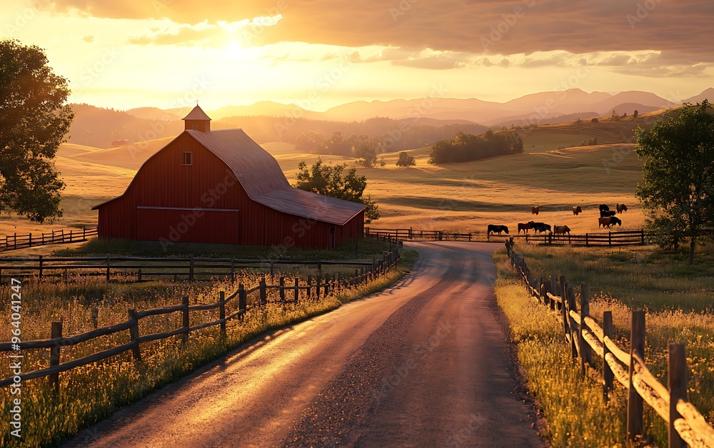 Fototapeta premium Serene Countryside Scene with Red Barn, Grazing Cows, and Setting Sun in Hyper-Realistic Photography
