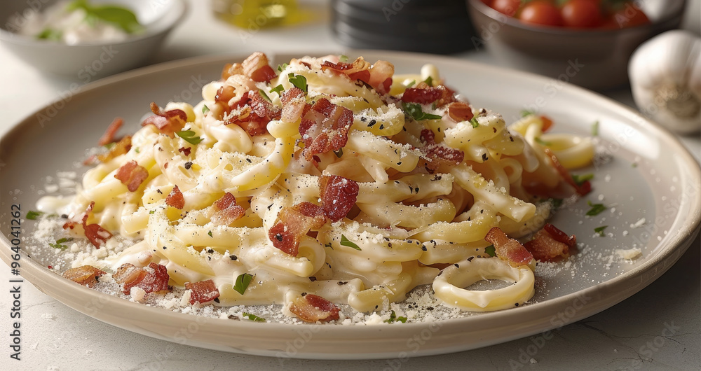 Creamy bacon pasta, bright and clean background. Generative AI. Creamy bacon pasta, bright and clean background. Generative AI.